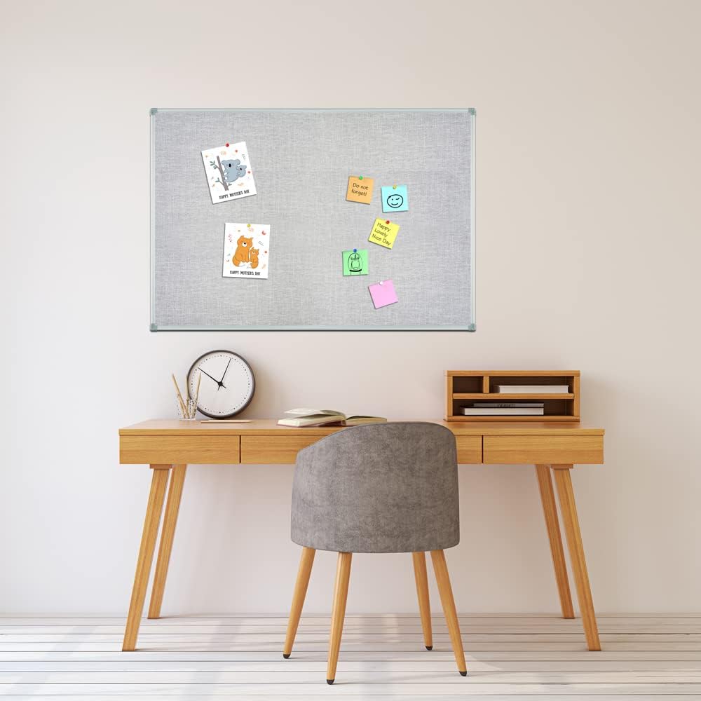 Lockways 36" x 24" Premium Cork Bulletin Board, Light Grey Framed Linen Fabric Pinboard with Silver Aluminum Frame for Home, Office & Kitchen Organization