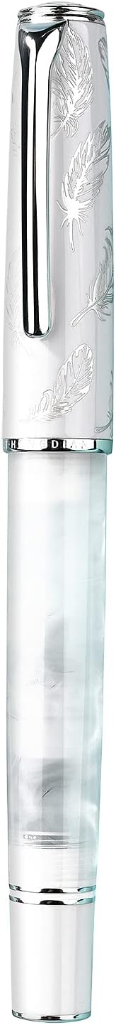 Hongdian N8 White Acrylic Resin Fountain Pen, Iridium Medium Nib Silver Plated Feather Carving Cap Smooth Writing Pen with Converter and Metal Pen Box Set