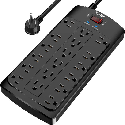 6FT Yintar Surge Protector Power Strip - Flat Plug Extension Cord with 18 AC Outlets for Home, Office, Dorm Essentials, 2100 Joules, ETL, Black