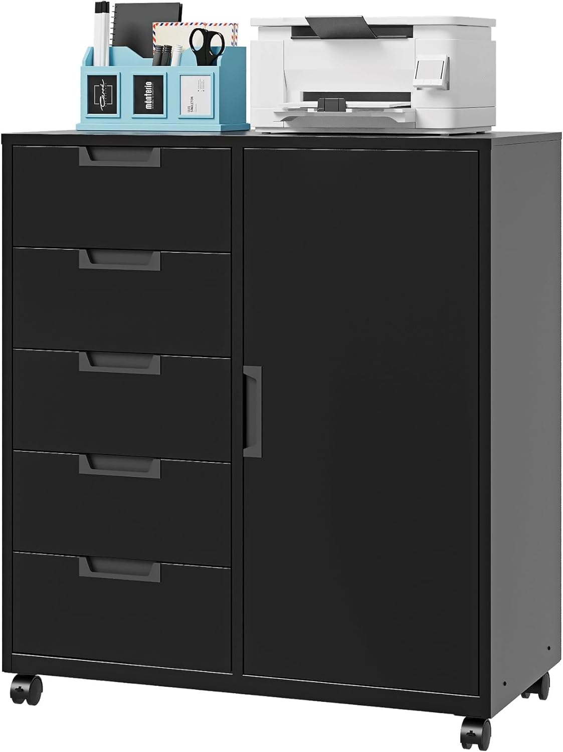 Letaya 5 Drawer Storage Cabinet, Mobile Printer Stand for Home Office,Dresser Chest with Shelves and Door(Black)