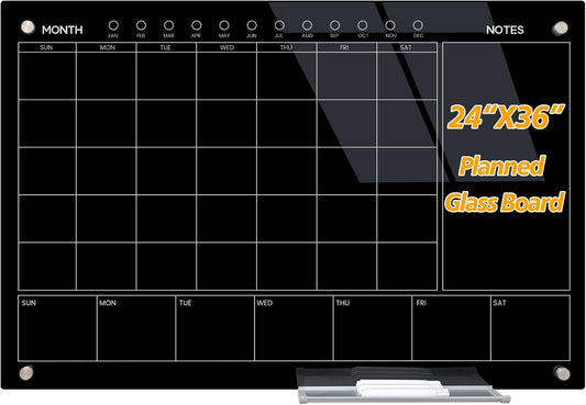 Magnetic Glass Whiteboard 36X24 Monthly Planner Calendar Dry Erase Board for Home, School, Office, Frameless, with Markers, Marker Tray, Eraser, Magnets (Black)