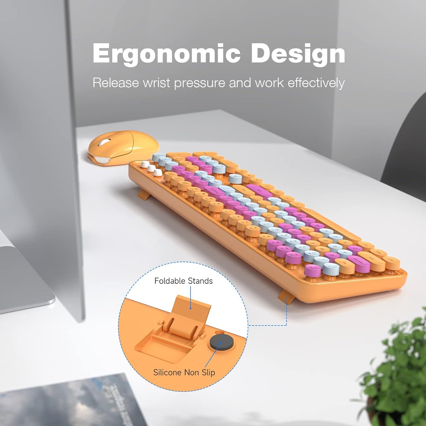 Wireless Keyboard and Mouse Combo, MOWUX Colorful Computer Full Size 2.4G Plug and Play Wireless Typewriter Keyboard and Mouse Set for Windows, Computer, Desktop, PC, Notebook (Orange Colorful)