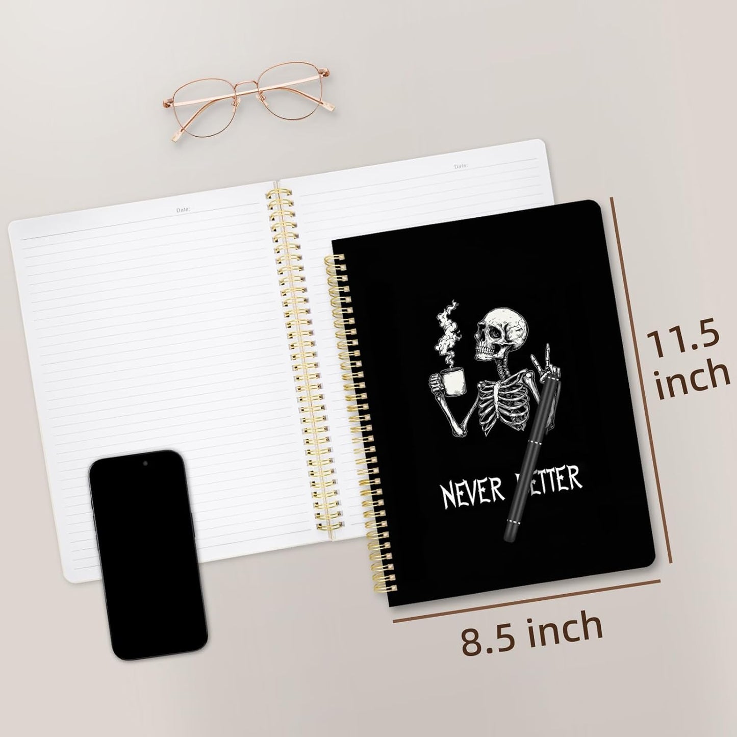 Cute Spiral Notebook journal A4 Aesthetic Pretty Design for Women Girls Kawaii with Pocket, 8.5 x 11 inch, Lined, Skeleton