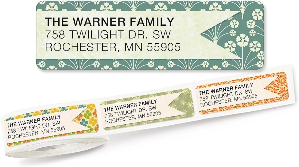 Blossom Banner Rolled Personalized Return Address Mailing Labels with Dispenser, Set of 500, 5 Designs, Small ¾ x 2½ Inch Size, Custom Self-Adhesive Sticker Roll, by Colorful Images