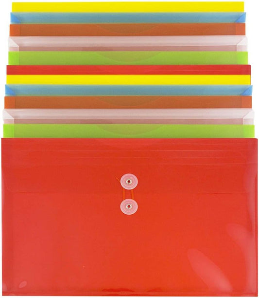 JAM PAPER Plastic Envelopes with Button & String Tie Closure - Legal Booklet - 9 3/4 x 14 1/2 - Assorted Primary Colors - 12/Pack