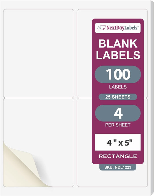 NextDayLabels – 4” x 5” Rectangular Sticker Labels for Printer - White Laser/Inkjet Printer Labels Return Address Labels Shipping Label Stickers (25 Sheets, 4 Per Sheet, 100 Labels)