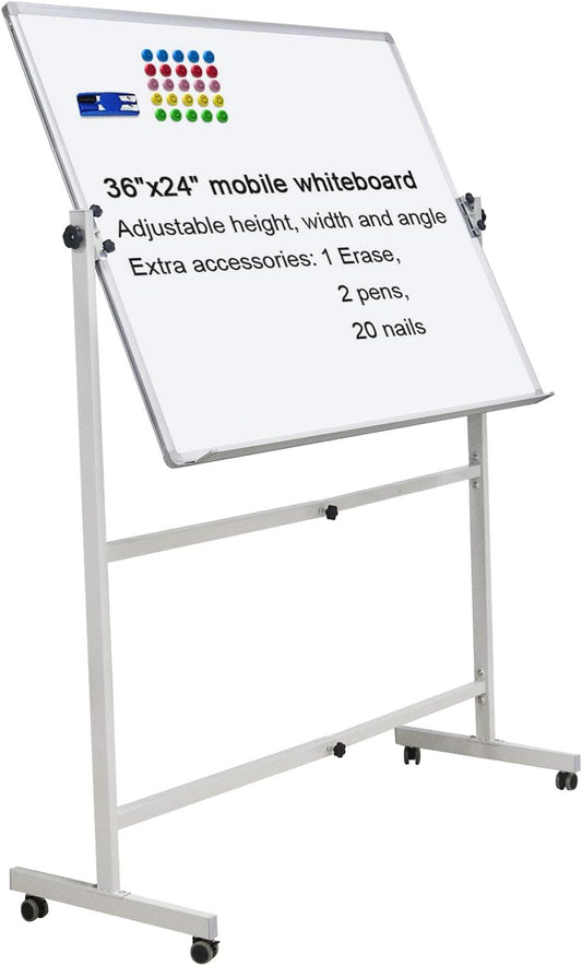 Mobile Dry Erase Board Magnetic Whiteboard on Wheels (Aluminium Frame) 36"x24" Portable White boards with Rolling Stand for Classroom, Office, Home