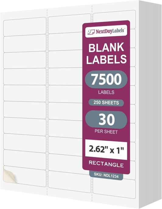 NextDayLabels - Laser/Ink Jet White Labels (2-5/8" x 1" - 30 Per Page | 7,500 Labels)