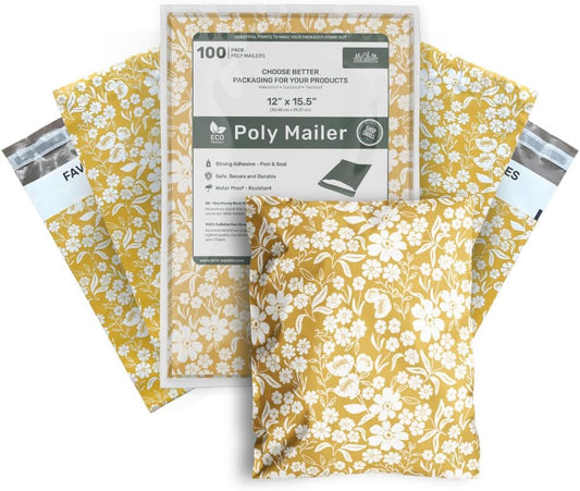12x15.5 Poly Mailer Envelopes 100 Pcs Large-Sized Colored Designer Shipping Bags For Clothing Cute Mailers Unpadded Self-Sealing Packaging Recyclable Eco-Friendly (Yellow Floral) Mini Wander