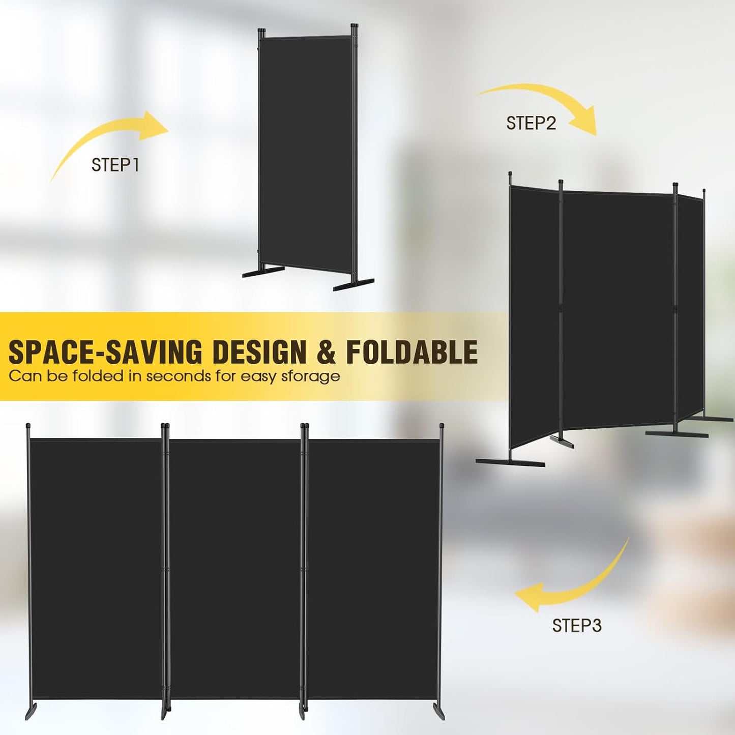 AKTOP 3-Panel Room Divider, Freestanding Wall Divider for Room Separation, Folding Privacy Partition Screen 70''W x 102''H, Portable Room Divider Panel Privacy Screen for Dorm Studio Office, Black