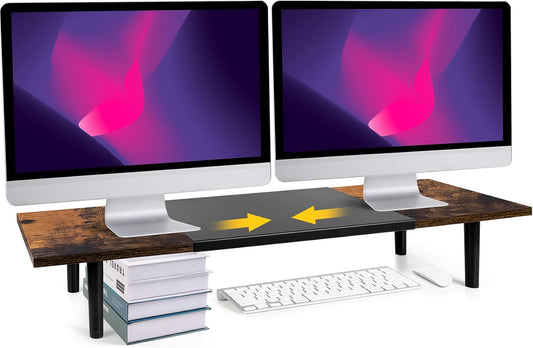 Dual-Monitor-Stand-Riser-For-Desk Adjustable Length 32-40 Inch, Large Desktop Computer Monitor Riser For 2 Screens, Desk Shelf Organizer Riser Stand For Computer/Laptop/PC/Printer/TV Brown