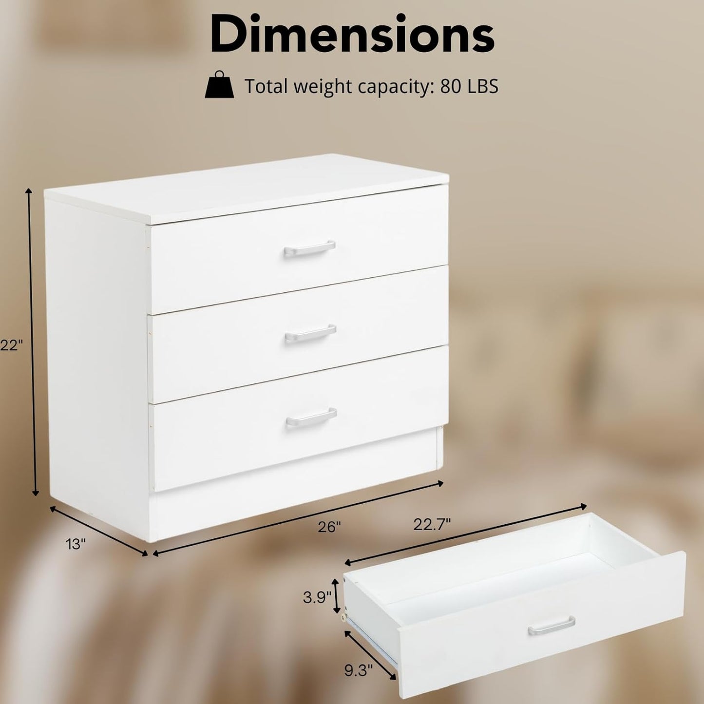 Karl home White 3 Drawer Dresser for Bedroom, Small Nightstand Modern Storage Chest of Drawer Wooden Side Table End Table for Bedroom, Living Room, Reception Room