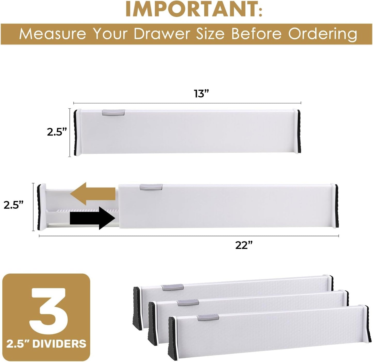RAPTUROUS Adjustable Drawer Dividers, 2.5" Tall, Expandable 13-22", 3-Pack, Non-Slip for Dresser, Closet, Kitchen, Nursery, and Office (White)