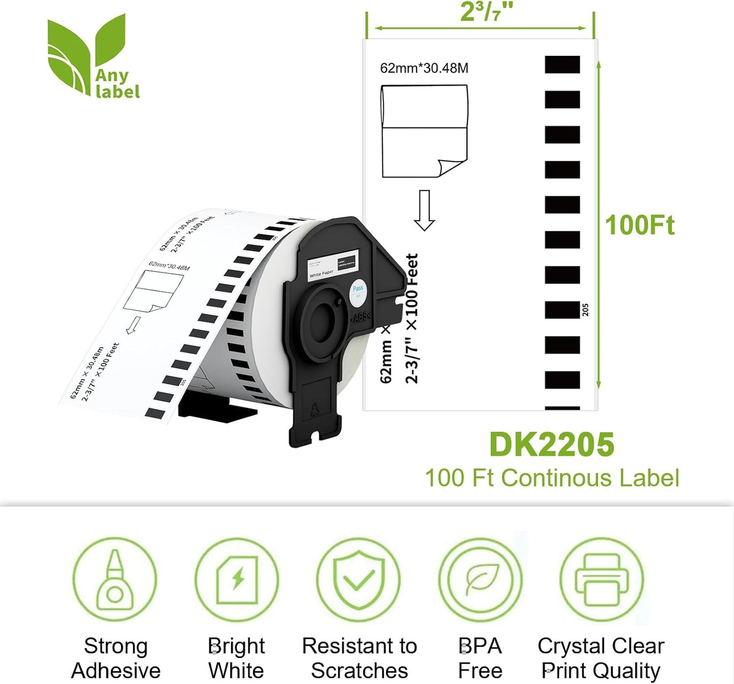 Compatible Continuous Labels Replacement for DK-2205 (2.4 in x 100 ft), Use with Brother QL Label Printers (12 Rolls + 1 Frame, 30.48m Length Labels/Roll)