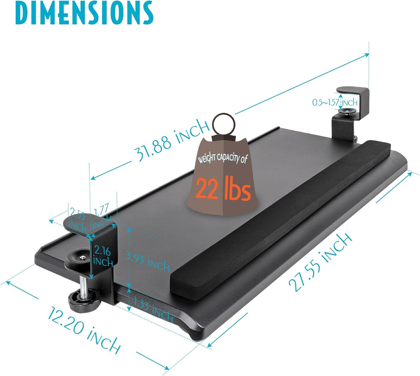EHO Large Ergonomic C-Clamp Keyboard Tray Mount Under Desk with Wrist Rest, Slide-Out Platform 27.5" (31.8" Including Clamps) x 12.5", Pull Out Keyboard & Mouse Tray for Home or Office, Black