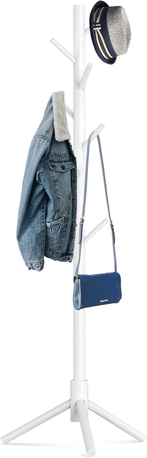 Wooden Tree Coat Rack Stand,Sturdy Freestanding Coat Rack with 8 Hooks,3 Adjustable Height for Child Adult,Wood Coat Stand Tree Fits Entryway Bedroom Office for Bags,Hats