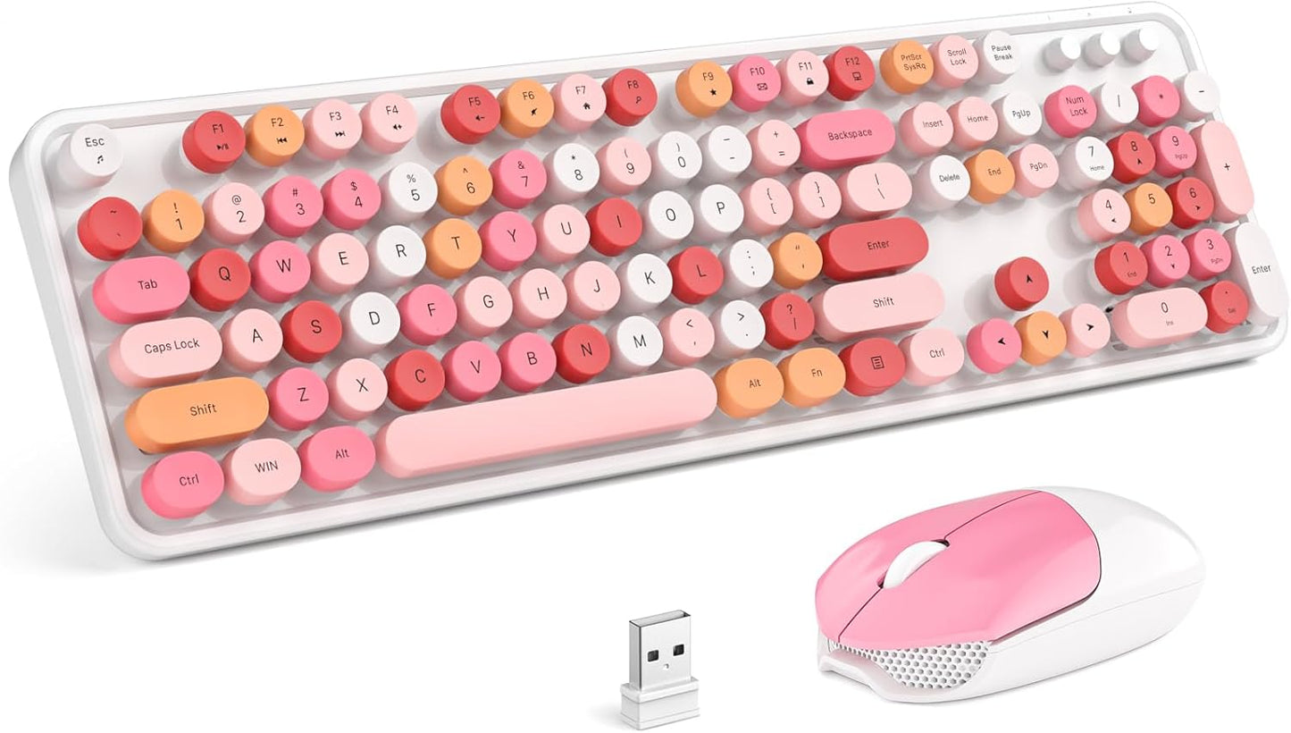 MOFII Wireless Keyboard and Mouse Combo,2.4GHz Retro Full-Size Wireless Keyboard with Number Pad and Cute Wireless Mouse for Computer PC Desktops Laptop WindowsxP/7/8/10 (Lipstick Colorful)