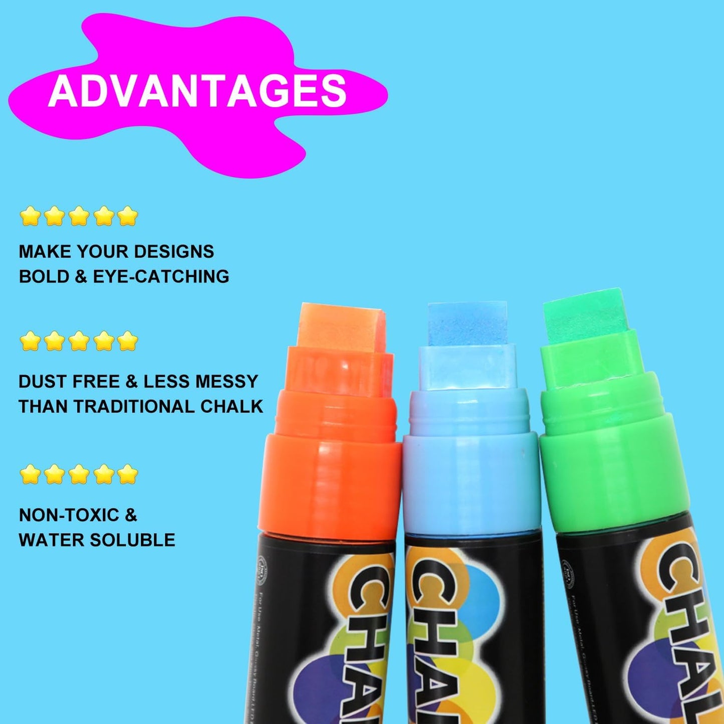 12 Colors Washable Window Markers for Cars, 15mm Jumbo Liquid Chalk Markers, 3 in 1 Nib, Metallic & Neon Paint Glass Pen for Auto, Chalkboard, Blackboard, Bistro, Menus and Any Non-Porous Surface