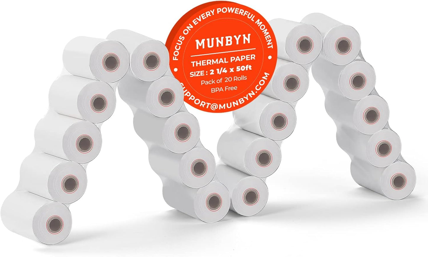 MUNBYN 2 1/4 x 50ft Thermal Paper (20 Rolls), BPA Free Receipt Paper, 58mm Thermal Receipt Paper Fits 58mm Mini Thermal POS Printer & Square Terminal Credit Card Machines