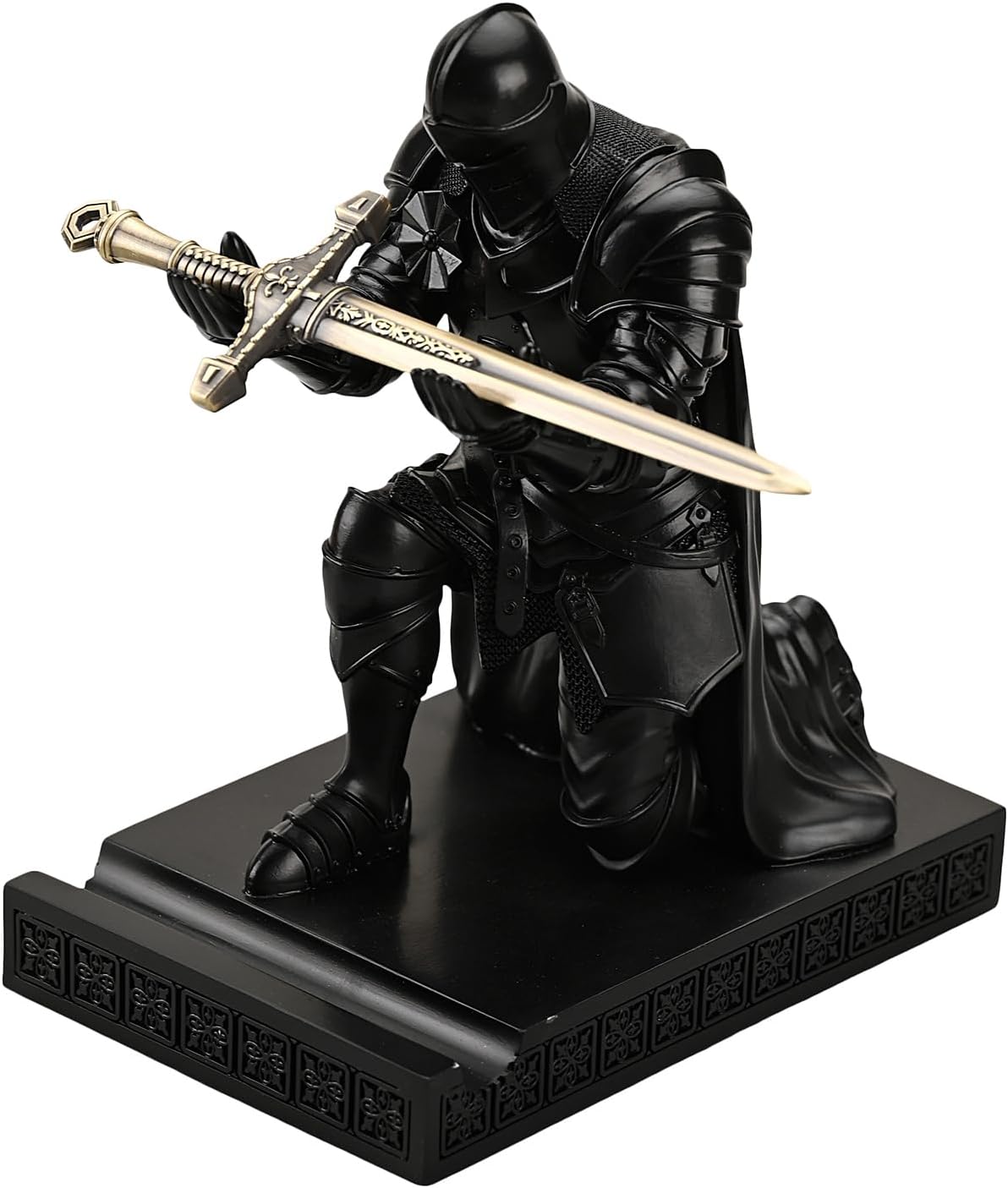 Medieval Armored Warrior Wearing Outerwear, Mobile Phone Stand Knight Pen Holder Desk Organizers, Resin Bookends Paperweight with a Letter Opener for Desk (Black)