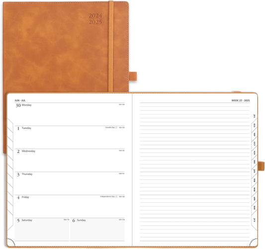 POPRUN Planner 2025-2026 Weekly Notebook (Large 8.5''x 10.5'') Academic Calendar (JUL.25 - JUN.26) Appointment Book with Monthly Tabs, Leather Soft Cover, Inner Pocket, 100 GSM - Brown