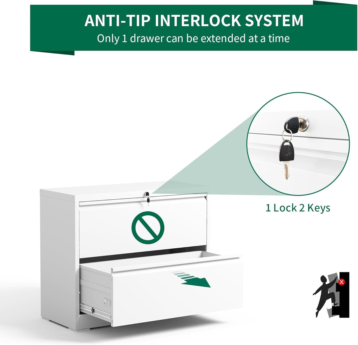 2 Drawer Lateral File Cabinet with Lock, Metal Filing Cabinets for Home Office, Steel Storage Wide File Cabinet for Letter/Legal/F4/A4 Size with Hanging Bars, Assembly Required (White)