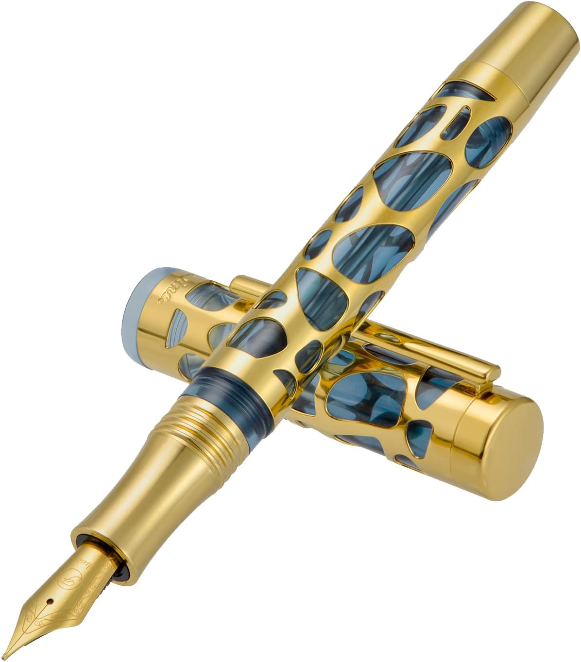 Asvine V169 Vacuum Filling Fountain Pen Medium Nib, Water Drop Skeleton Gold Trim Transparent Gray Blue Acrylic Pen Case Set