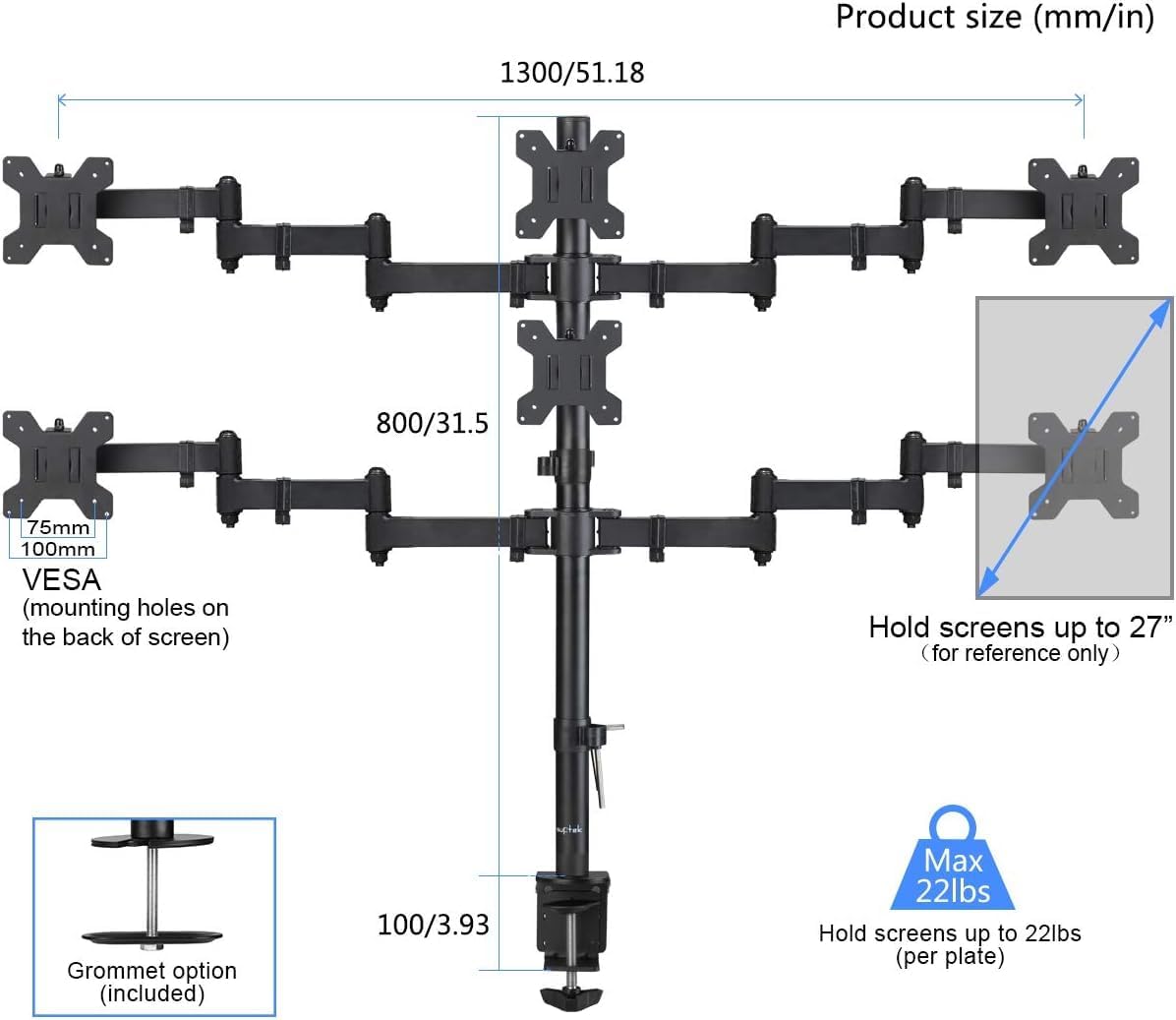 Suptek Hex LED LCD Monitor Stand up Desk Mount Extra Tall 31.5 inch Pole Heavy Duty Fully Adjustable Stand for 6 / Six Screens up to 27 inch (MD68126)