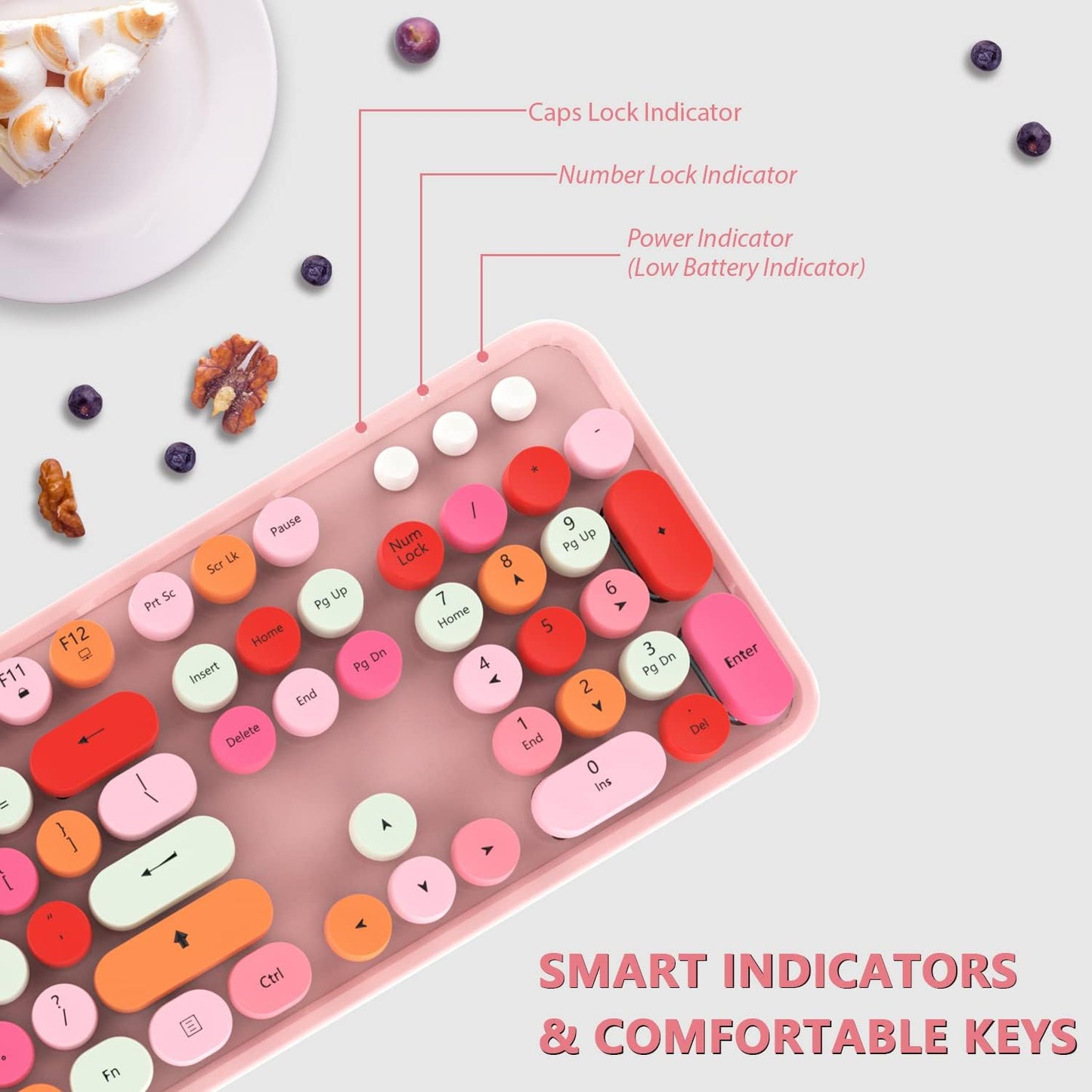 KOOTOP Cute Pink Wireless Keyboard and Mouse, 2.4G Wireless with Retro Round Keycap for PC, Mac, Laptop, Tablet, Computer Windows