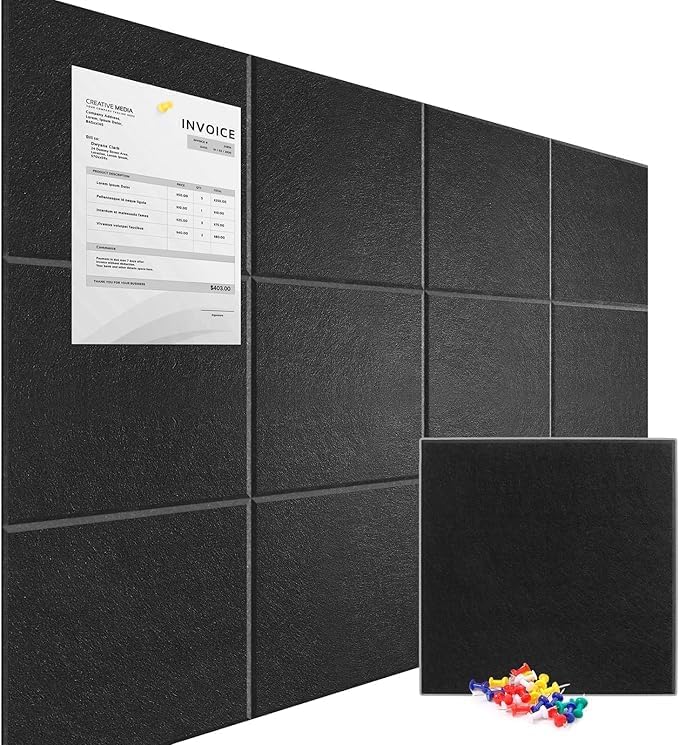 Large Cork Board for Walls 47" x 35" 12 Pack Black Bulletin Boards Felt Wall Tiles with Safe Removable Adhesive Corkboards for Office Home,Black