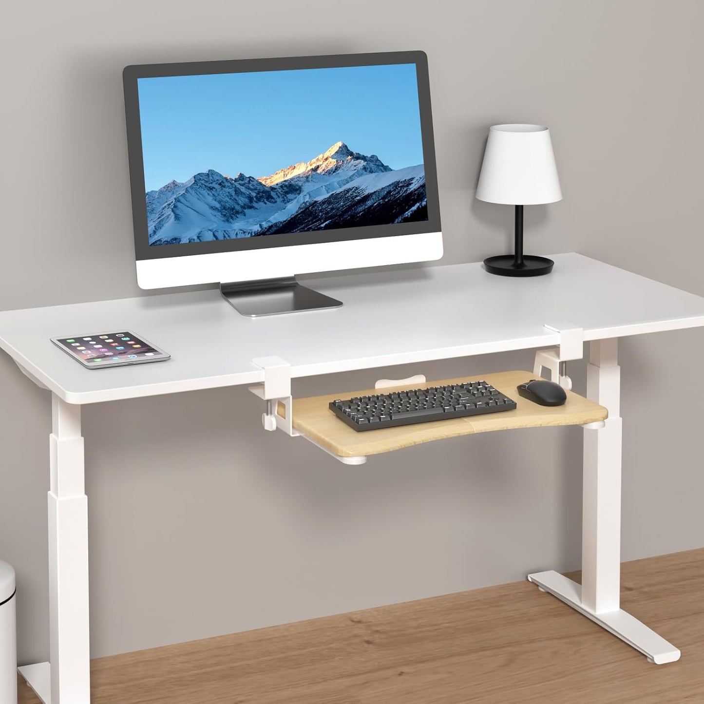 suptek Small Keyboard Tray Under Desk Pull Out with C Clamp Mount for Computer Keyboard, 20 (24.2 Including Clamps) x 11.8 inch Slide-Out Platform Computer Drawer for Typing, Light Wood, DSF1SQM