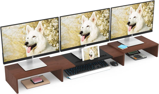 WESTREE Triple Monitor Stand Riser - Extra Long, Adjustable Length & Angle, 3 Shelf Desktop Storage for 1-3 Monitors