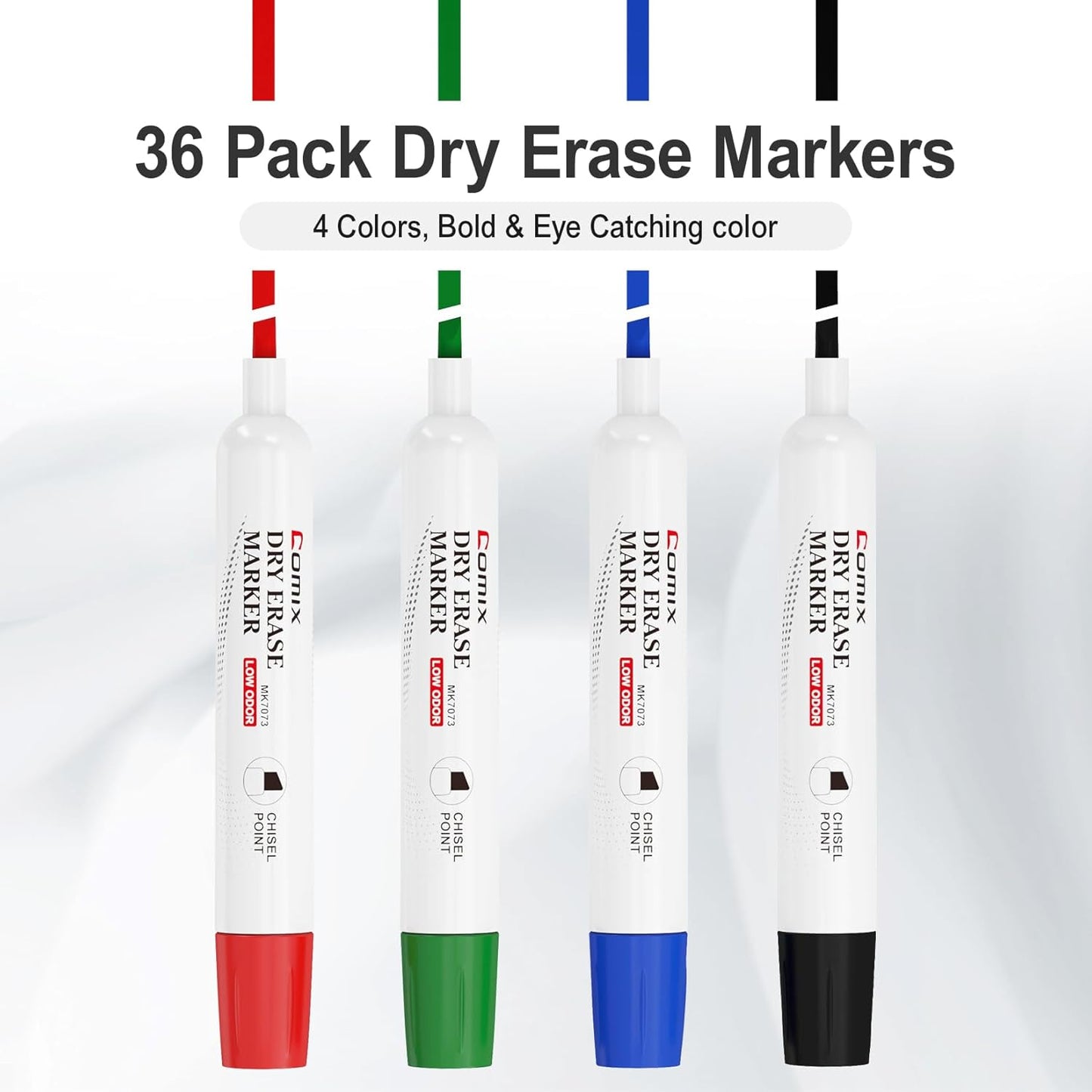 Comix Dry Erase Markers, Chisel Tip White Board Markers, 36 Bulk 4 Assorted Colors Low Odor Markers for Teachers Office & School Supplies