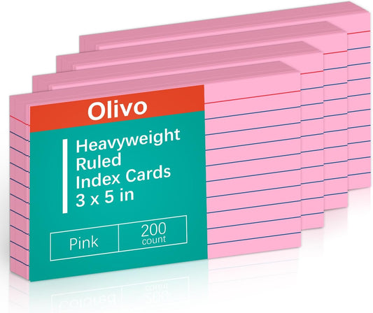 Pink Lined Index Cards 3x5 Ruled Note Cards 200 Count, 180 GSM Heavy Weight
