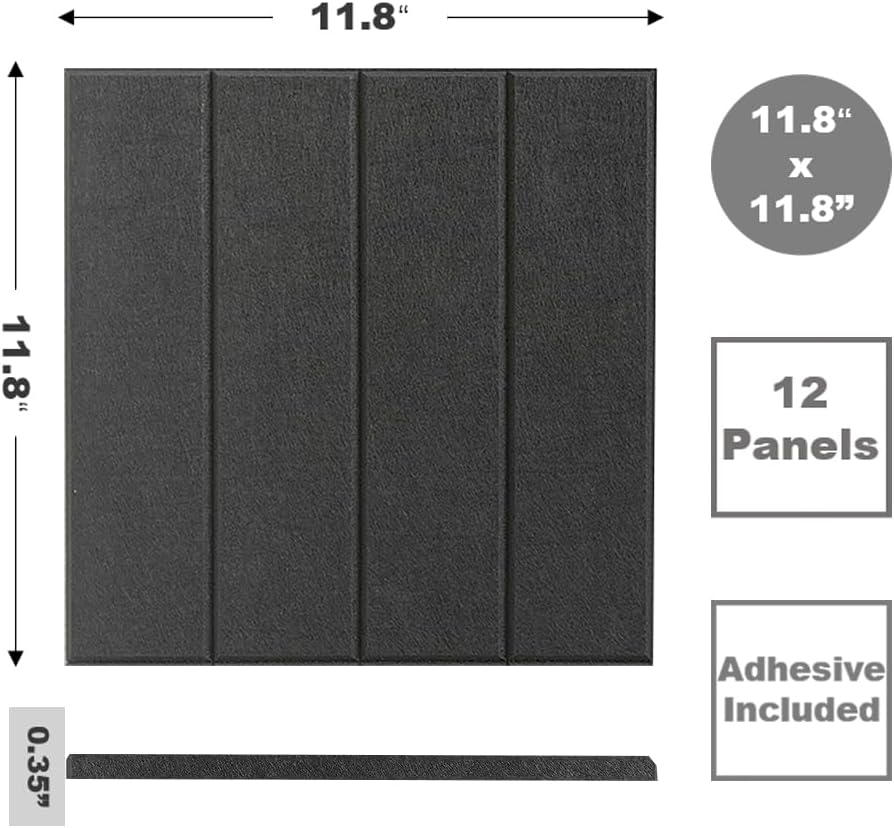 Large Cork Board Alternative - 12-Pack Felt Wall Tiles with Safe Removable Adhesive Tabs, Cork Wall Tiles Bulletin Board Home Office Essentials - Black