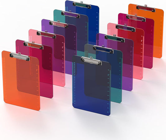 Bulk Clipboards Set of 12, 8.5x11 Plastic Colored Clear Clip Board with Ruler, Suitable for Classroom, Students, Kid, Size 9" x 12.5" with Low Profile Clip, Office & School Supply