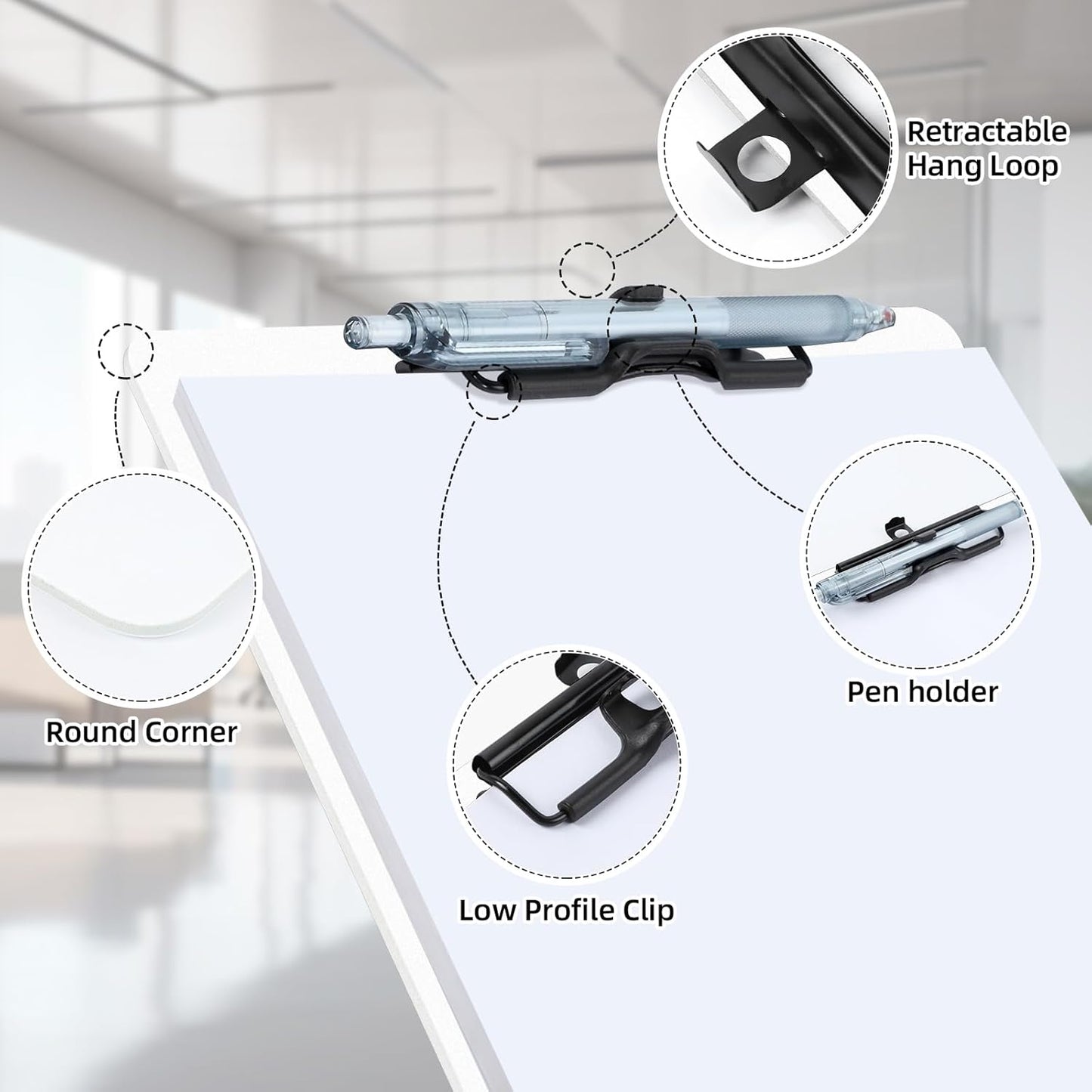 White Clipboard with Pen Holder, 2 Pack Plastic Clipboard with Low Profile Metal Clip, Hanging Clipboards Holds 8.5x11 Inch Papers, Standard A4 Letter Size Clip Board for Office & School