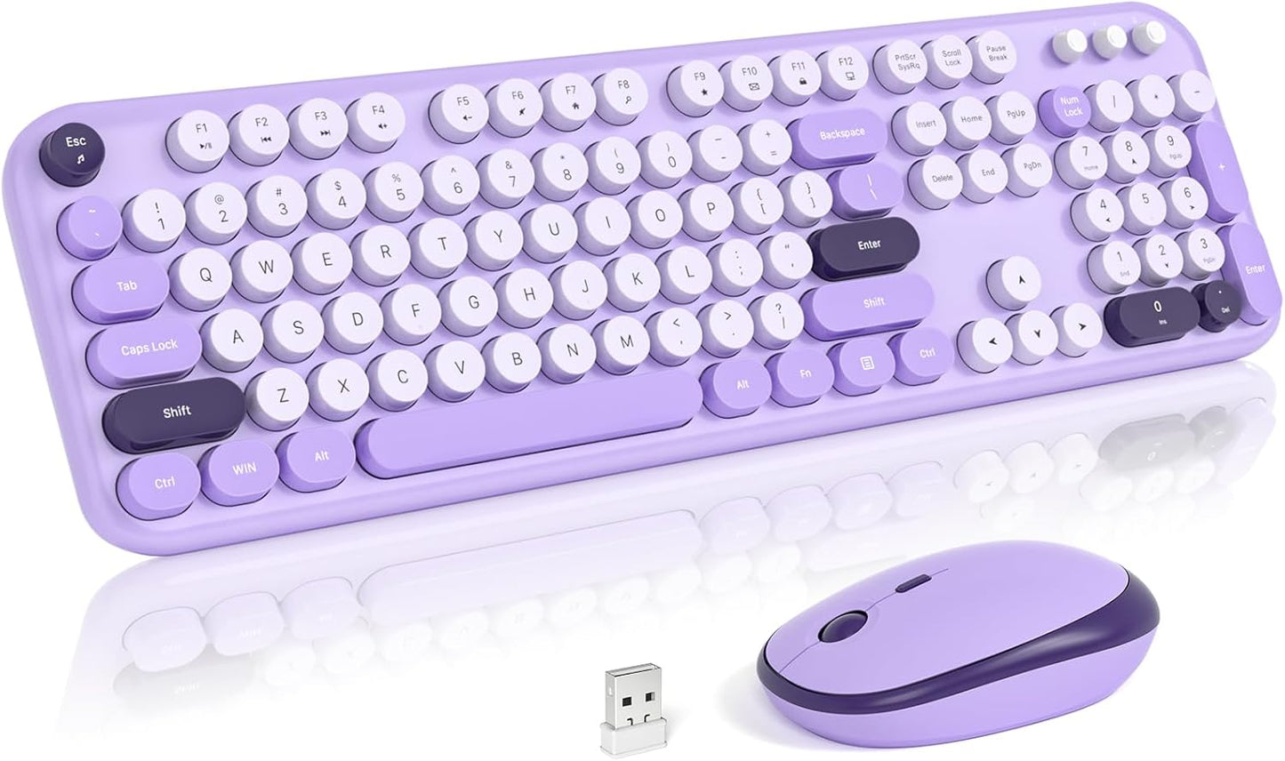 Wireless Keyboard and Mouse, 2.4Ghz USB Retro Full Size Typewriter Keyboard and Cute Mouse Combo for Windows 7/8/10, Laptop, Desktop, PC, Computer (Purple Colorful)