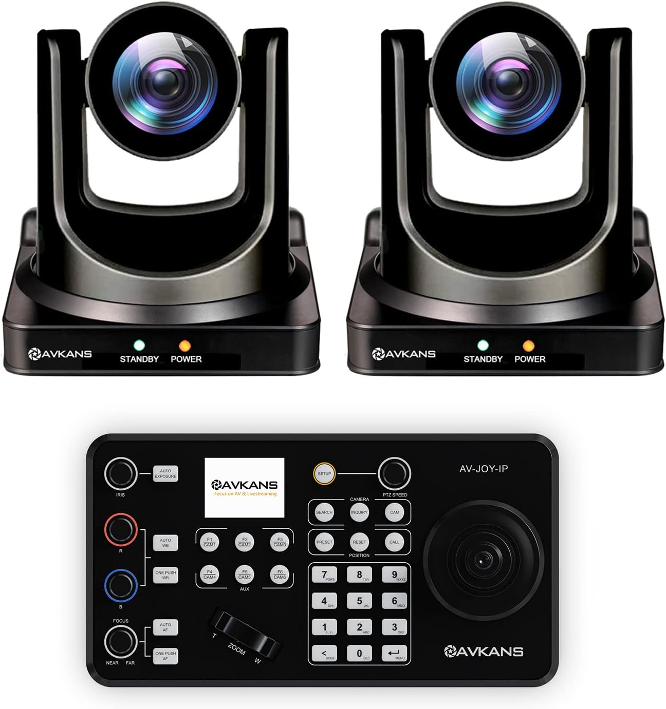 AVKANS 30X NDI PTZ Camera Kits - 2pcs 30X NDI Camera with 1pcs IP Joystick Controller Package for Church Live Streaming Video Production（2X AV-CM30-NDI and 1x AV-Joy-IP）