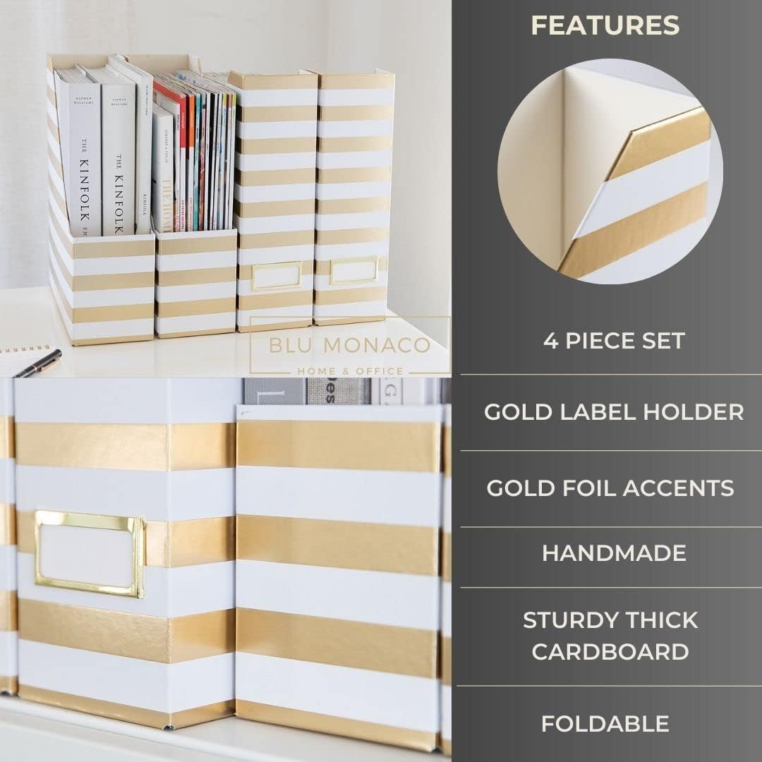 BLU MONACO Set of 4 Gold & White Striped Magazine File Boxes with Gold Label Holders – Stylish File Organizer Box for Desk, Office Supplies, File Folder Holder, and Book Organizer