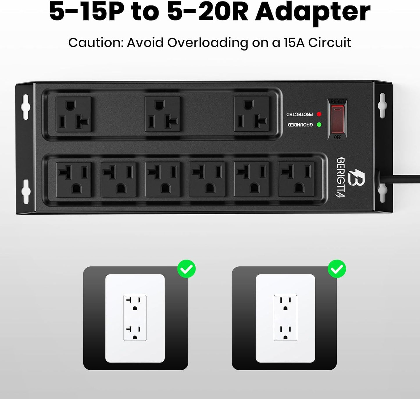 Heavy Duty Metal Power Strip, 20 AMP Surge Protector with 9 Outlets, 12 Gauge Industrial Strength for Shop & Garage Use, 6 FT Extension Cord Included, Durable T-Slot Design (6FT)