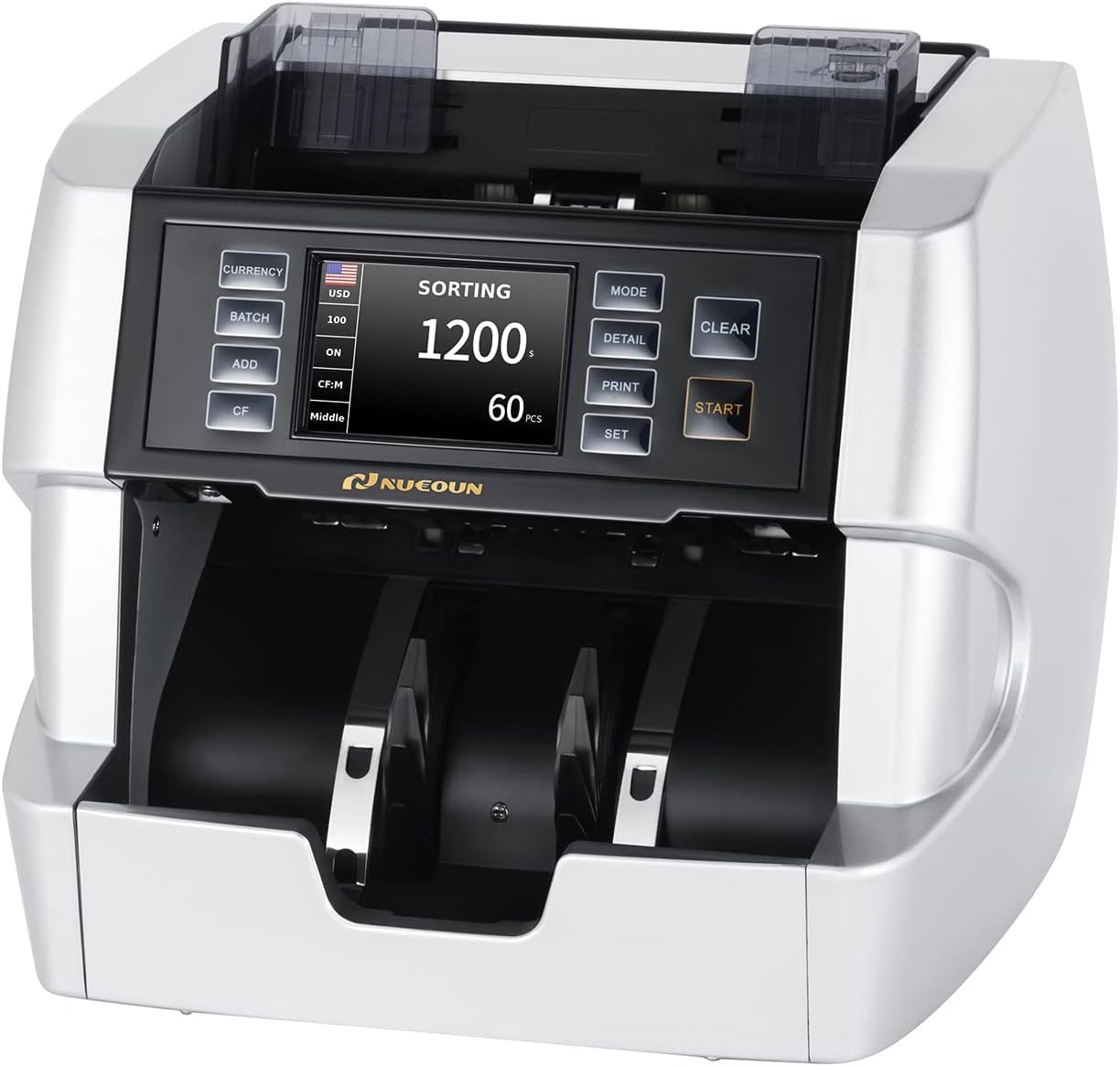 NUCOUN VC-7S Silver Bank Grade Money Counter Machine Mixed Denomination Value Counting Serial Number Multi Currency Enabled 2CIS/UV/IR/MG/MT Counterfeit Detection Cash Bill Value Counter