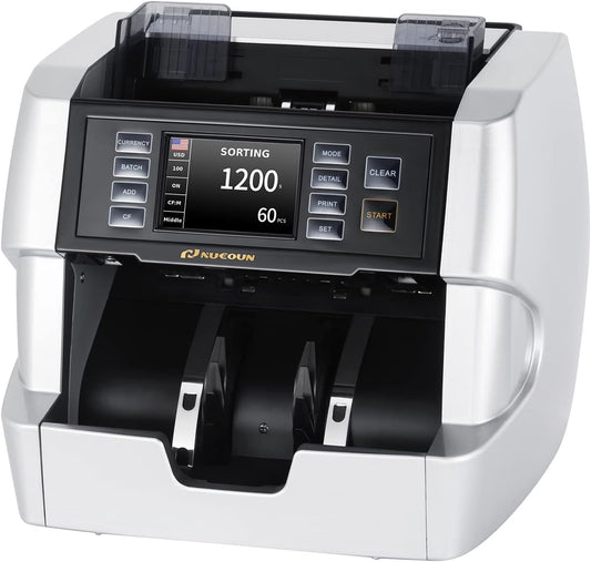 NUCOUN VC-7S Silver Bank Grade Money Counter Machine Mixed Denomination Value Counting Serial Number Multi Currency Enabled 2CIS/UV/IR/MG/MT Counterfeit Detection Cash Bill Value Counter