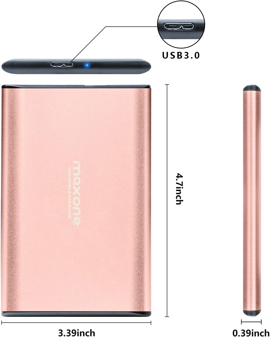 Maxone 500GB Ultra Slim Portable External Hard Drive HDD USB 3.0 Compatible with PC, Laptop - Rose Pink