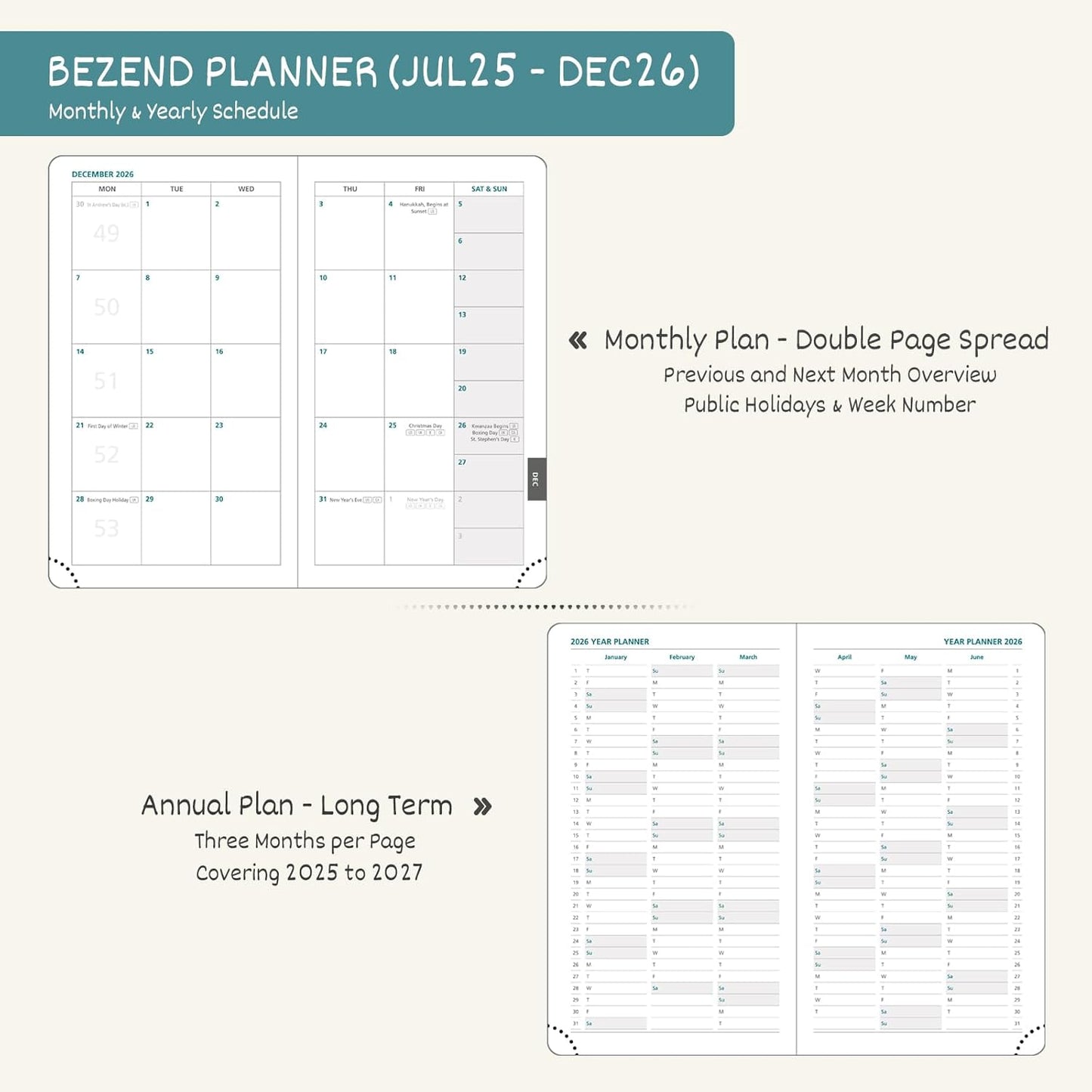 BEZEND Pocket Planner 2025-2026 Weekly and Monthly, 3.5" x 6" Academic Planner (Jul 25-Dec 26) 18-Month Mid-Year Calendar Book, Storage Pocket, Pen Holder, PU Leather Hardcover - Mint Green