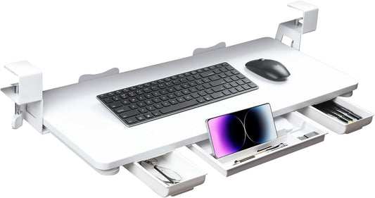 Keyboard Tray Under Desk with Drawer,26.77" X 11.81"Large Size Keyboard Tray with C Clamp-on Mount, Easy to Install, for Home Office (White)