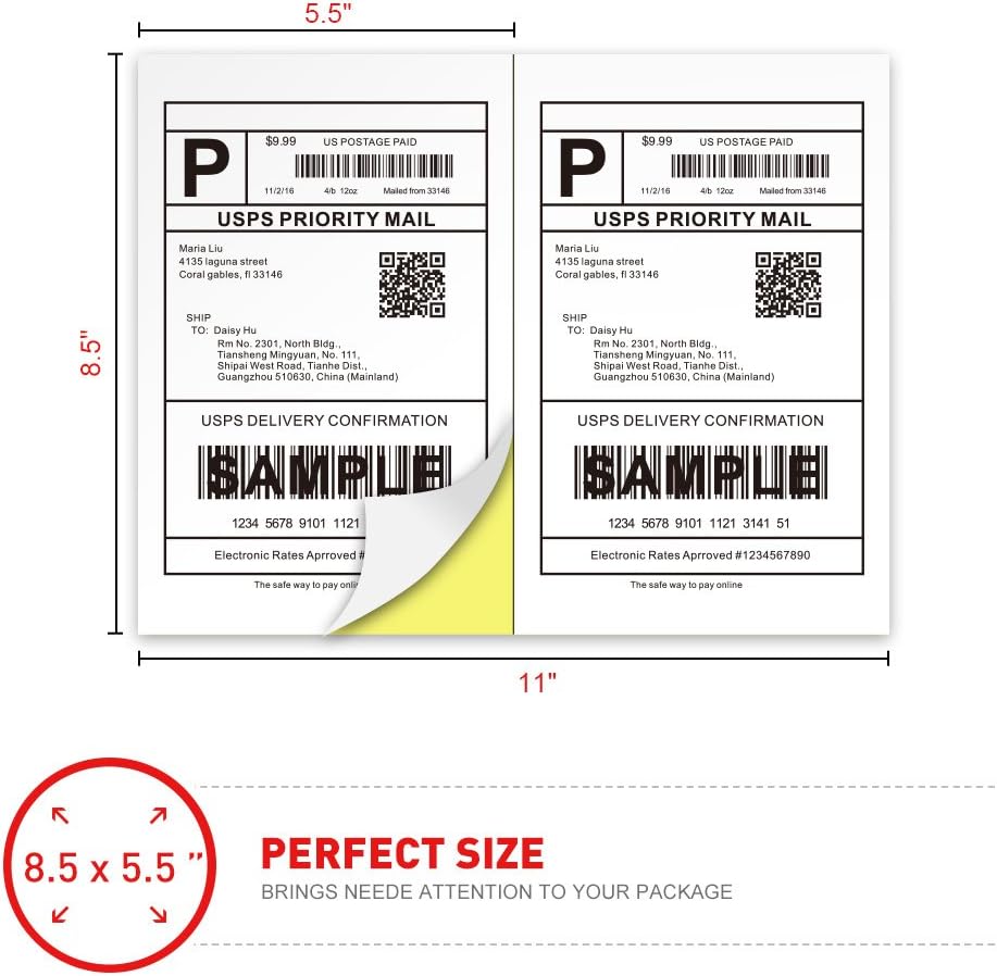 [500 Sheets; 1000 Labels] Half Sheet Self Adhesive Shipping Labels for Laser & Inkjet Printers, 8.5" X 5.5"