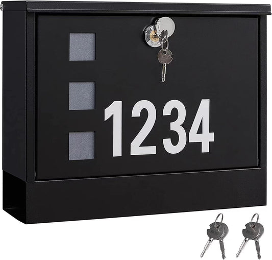LAND·VOI Locking Mailbox Wall Mounted, Metal Postbox with Three Sets of Mail Box Number Stickers, 4 Keys, 14.4" x 4.5" x 11.2", Large Capacity, Black, AMB11B
