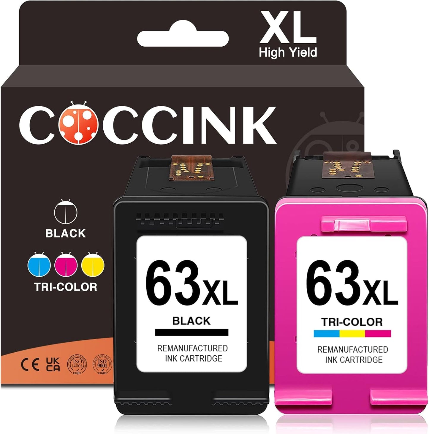 COCCINK 63XL Ink Cartridge for HP Officejet 3830 3833 4652 4655 5212 5222 5255 5258 Deskjet 3630 3632 2130 Envy 4511 4512 4520 Printer Remanufactured Inkjet for HP 63 XL Black and Color Combo Pack