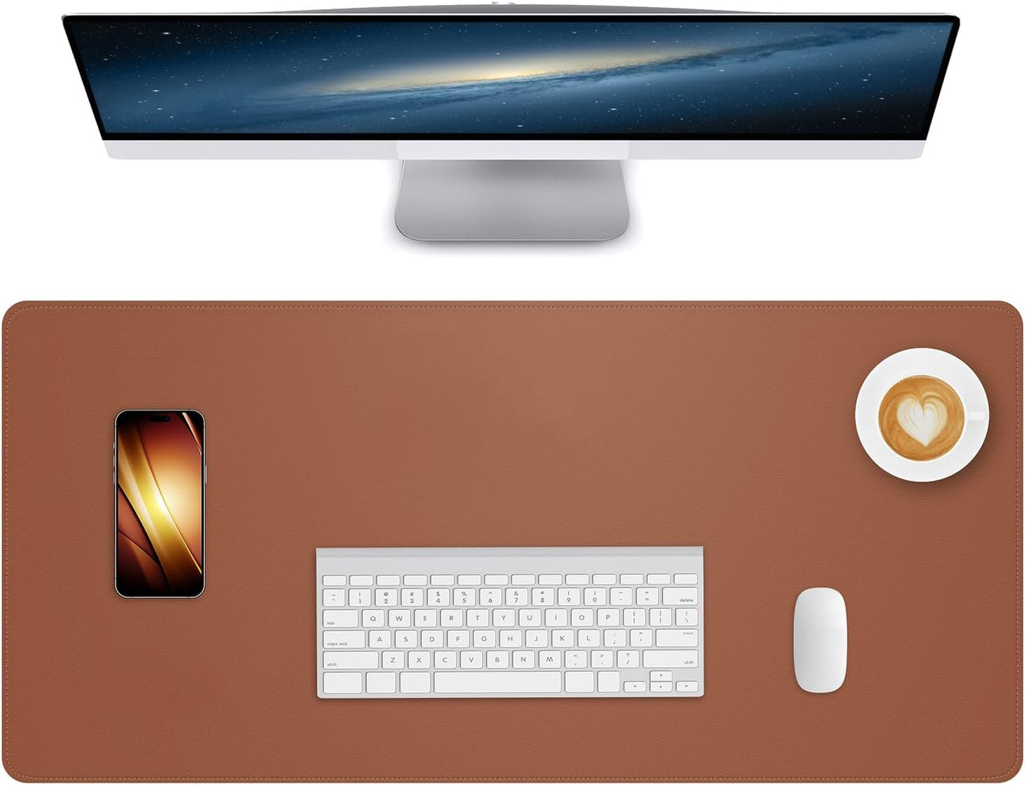 Large Desk Mouse Pad Protector, Stitched Locking Edge Non-Slip PU Leather Desk Mat Laptop Table Pad Blotter, Waterproof Durable Writing Pad for Office and Home (Brown, 120 x 43cm)